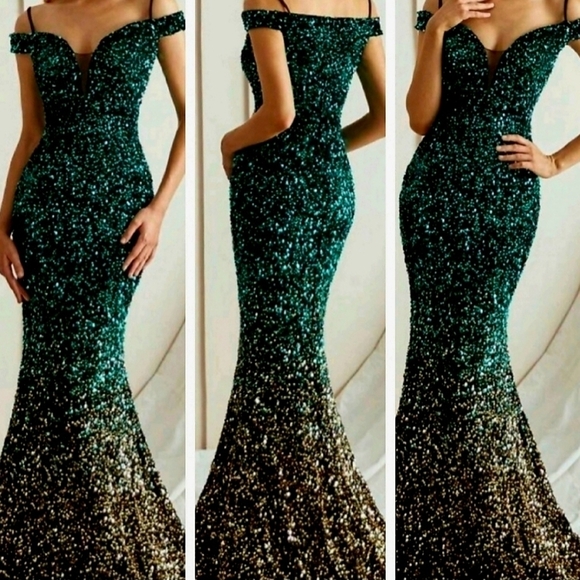 Green Colorblock Contrast Sequined, Spaghetti Strap,  Cold Shoulder Merm… - Picture 1 of 16